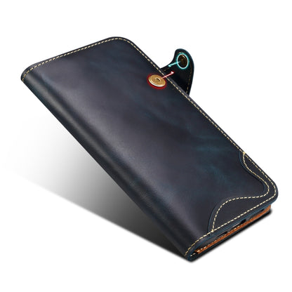 For iPhone 16 Denior B01 Oil Wax Cowhide Magnetic Button Genuine Leather Case(Blue) - iPhone 16 Cases by Denior | Online Shopping South Africa | PMC Jewellery | Buy Now Pay Later Mobicred