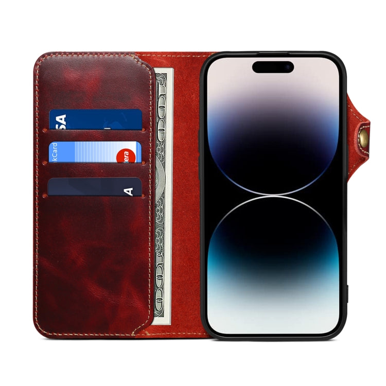 For iPhone 16 Plus Denior B01 Oil Wax Cowhide Magnetic Button Genuine Leather Case(Red) - iPhone 16 Plus Cases by Denior | Online Shopping South Africa | PMC Jewellery | Buy Now Pay Later Mobicred