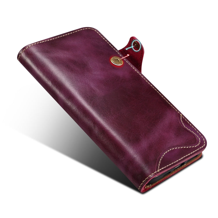 For iPhone 16 Plus Denior B01 Oil Wax Cowhide Magnetic Button Genuine Leather Case(Purple) - iPhone 16 Plus Cases by Denior | Online Shopping South Africa | PMC Jewellery | Buy Now Pay Later Mobicred