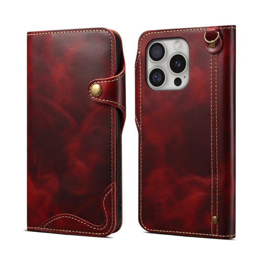 For iPhone 16 Pro Denior B01 Oil Wax Cowhide Magnetic Button Genuine Leather Case(Red) - iPhone 16 Pro Cases by Denior | Online Shopping South Africa | PMC Jewellery | Buy Now Pay Later Mobicred