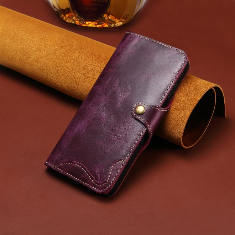 For iPhone 16 Pro Denior B01 Oil Wax Cowhide Magnetic Button Genuine Leather Case(Purple) - iPhone 16 Pro Cases by Denior | Online Shopping South Africa | PMC Jewellery | Buy Now Pay Later Mobicred