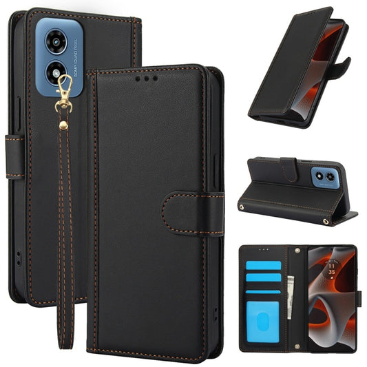 For Motorola Moto G Play 2024 Skin Feel Pure Color Card Slots Leather Phone Case with Dual Lanyard(Black) - Motorola Cases by PMC Jewellery | Online Shopping South Africa | PMC Jewellery | Buy Now Pay Later Mobicred