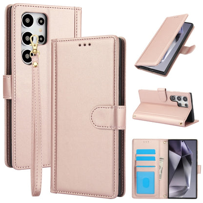 For Samsung Galaxy S25 Ultra 5G Skin Feel Pure Color Card Slots Leather Phone Case with Dual Lanyard(Rose Gold) - Galaxy S25 Ultra 5G Cases by PMC Jewellery | Online Shopping South Africa | PMC Jewellery | Buy Now Pay Later Mobicred