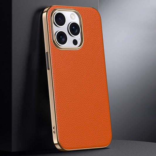 For iPhone 16 Pro First Layer Cowhide Leather Electroplated PC Phone Case(Orange) - iPhone 16 Pro Cases by PMC Jewellery | Online Shopping South Africa | PMC Jewellery | Buy Now Pay Later Mobicred