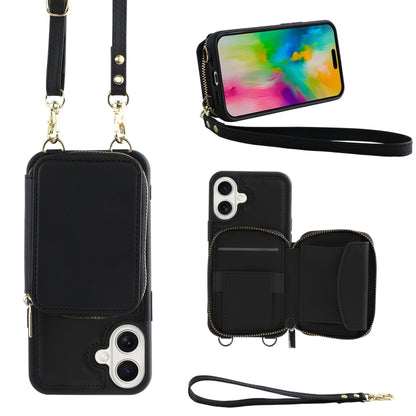 For iPhone 16 Crossbody Zipper Wallet Bag Leather Phone Case with Lanyard(Black) - iPhone 16 Cases by PMC Jewellery | Online Shopping South Africa | PMC Jewellery | Buy Now Pay Later Mobicred