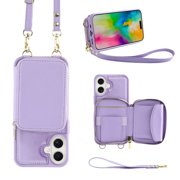 For iPhone 16 Crossbody Zipper Wallet Bag Leather Phone Case with Lanyard(Purple) - iPhone 16 Cases by PMC Jewellery | Online Shopping South Africa | PMC Jewellery | Buy Now Pay Later Mobicred