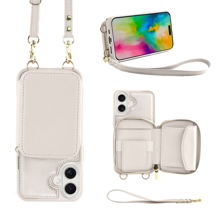 For iPhone 16 Plus Crossbody Zipper Wallet Bag Leather Phone Case with Lanyard(White) - iPhone 16 Plus Cases by PMC Jewellery | Online Shopping South Africa | PMC Jewellery | Buy Now Pay Later Mobicred