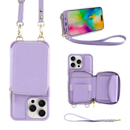 For iPhone 16 Pro Crossbody Zipper Wallet Bag Leather Phone Case with Lanyard(Purple) - iPhone 16 Pro Cases by PMC Jewellery | Online Shopping South Africa | PMC Jewellery | Buy Now Pay Later Mobicred