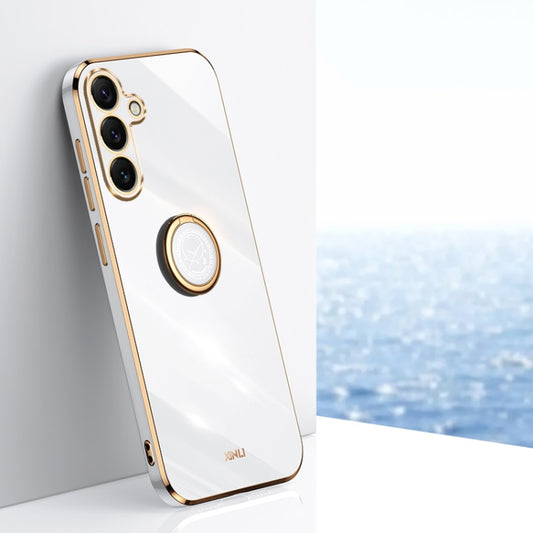 For Samsung Galaxy S25+ 5G XINLI Straight 6D Plating Gold Edge TPU Shockproof Case with Ring Holder(White) - Galaxy S25+ 5G Cases by XINLI | Online Shopping South Africa | PMC Jewellery | Buy Now Pay Later Mobicred