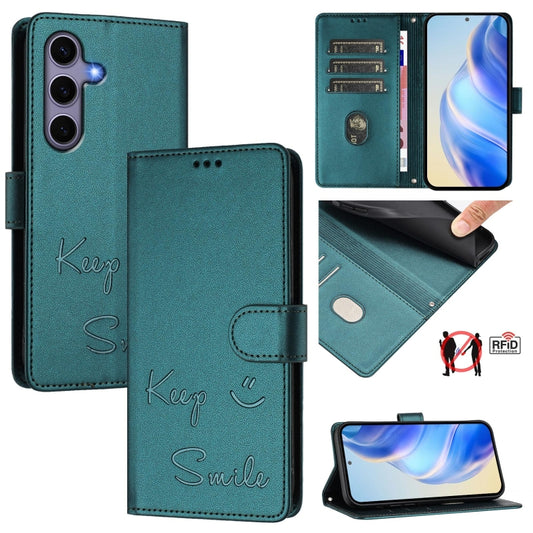 For Samsung Galaxy S25 5G Smile Embossing RFID Leather Phone Case(Peacock Green) - Galaxy S25 5G Cases by PMC Jewellery | Online Shopping South Africa | PMC Jewellery | Buy Now Pay Later Mobicred