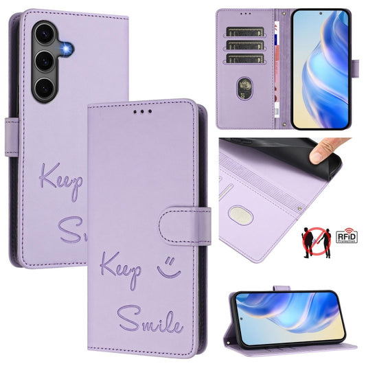 For Samsung Galaxy S25+ 5G Smile Embossing RFID Leather Phone Case(Light Purple) - Galaxy S25+ 5G Cases by PMC Jewellery | Online Shopping South Africa | PMC Jewellery | Buy Now Pay Later Mobicred