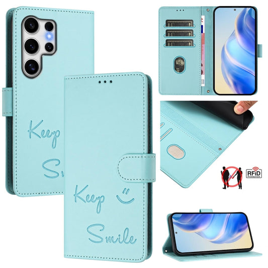 For Samsung Galaxy S25 Ultra 5G Smile Embossing RFID Leather Phone Case(Mint Green) - Galaxy S25 Ultra 5G Cases by PMC Jewellery | Online Shopping South Africa | PMC Jewellery | Buy Now Pay Later Mobicred