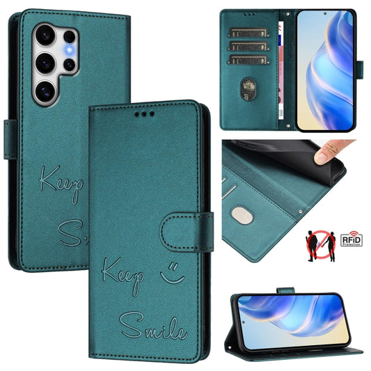 For Samsung Galaxy S25 Ultra 5G Smile Embossing RFID Leather Phone Case(Peacock Green) - Galaxy S25 Ultra 5G Cases by PMC Jewellery | Online Shopping South Africa | PMC Jewellery | Buy Now Pay Later Mobicred