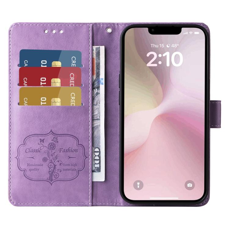 For iPhone 16e Embossed Butterfly Flowers Leather Phone Case(Purple) - iPhone 16e Cases by PMC TechLife | Online Shopping South Africa | PMC TechLife | Buy Now Pay Later Mobicred