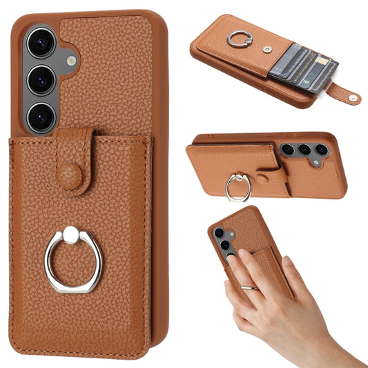 For Samsung Galaxy S25 5G Litchi Texture Drawing Card Bag Ring Holder Phone Case(Brown) - Galaxy S25 5G Cases by PMC Jewellery | Online Shopping South Africa | PMC Jewellery | Buy Now Pay Later Mobicred