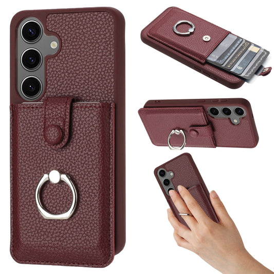 For Samsung Galaxy S25 5G Litchi Texture Drawing Card Bag Ring Holder Phone Case(Wine Red) - Galaxy S25 5G Cases by PMC Jewellery | Online Shopping South Africa | PMC Jewellery | Buy Now Pay Later Mobicred