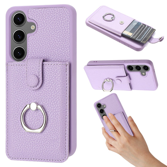 For Samsung Galaxy S25+ 5G Litchi Texture Drawing Card Bag Ring Holder Phone Case(Purple) - Galaxy S25+ 5G Cases by PMC Jewellery | Online Shopping South Africa | PMC Jewellery | Buy Now Pay Later Mobicred