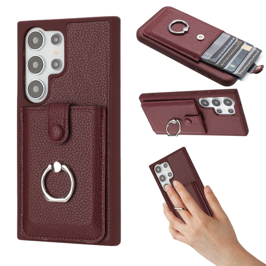 For Samsung Galaxy S25 Ultra 5G Litchi Texture Drawing Card Bag Ring Holder Phone Case(Wine Red) - Galaxy S25 Ultra 5G Cases by PMC Jewellery | Online Shopping South Africa | PMC Jewellery | Buy Now Pay Later Mobicred