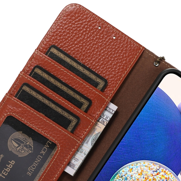 For Motorola Moto G35 Genuine Leather Litchi Texture RFID Leather Phone Case(Coffee) - Motorola Cases by PMC TechLife | Online Shopping South Africa | PMC TechLife | Buy Now Pay Later Mobicred
