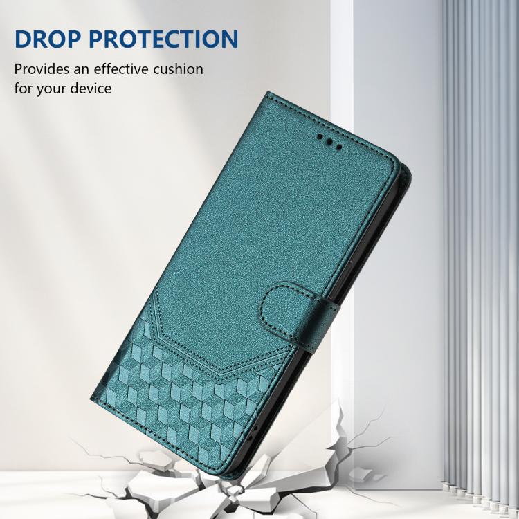 For iPhone 16e Honeycomb Embossing RFID Leather Phone Case(Peacock Green) - iPhone 16e Cases by PMC TechLife | Online Shopping South Africa | PMC TechLife | Buy Now Pay Later Mobicred