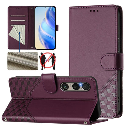 For Sony Xperia 1 VI 2024 Honeycomb Embossing RFID Leather Phone Case(Violet) - Sony Cases by PMC Jewellery | Online Shopping South Africa | PMC Jewellery | Buy Now Pay Later Mobicred