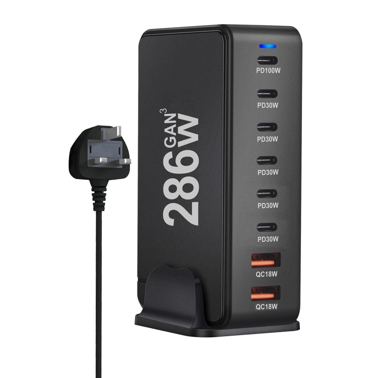 YMX-986 286W 6 Type-C, 2 USB 8-Ports Desktop Fast Charger, Plug Type:UK Plug(Black) - Multifunction Charger by PMC Jewellery | Online Shopping South Africa | PMC Jewellery | Buy Now Pay Later Mobicred