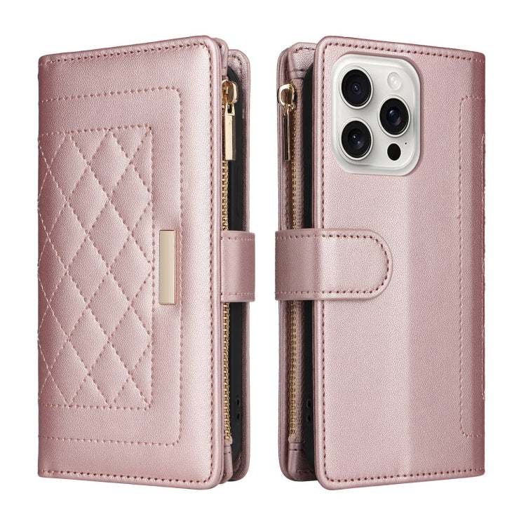 For iPhone 16 Pro Max Crossbody Zipper Wallet Rhombus Leather Phone Case(Rose Gold) - iPhone 16 Pro Max Cases by PMC Jewellery | Online Shopping South Africa | PMC Jewellery | Buy Now Pay Later Mobicred