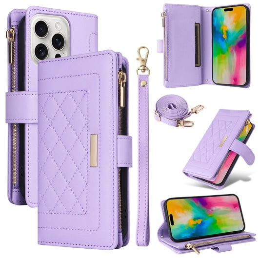 For iPhone 16 Pro Crossbody Zipper Wallet Rhombus Leather Phone Case(Purple) - iPhone 16 Pro Cases by PMC Jewellery | Online Shopping South Africa | PMC Jewellery | Buy Now Pay Later Mobicred