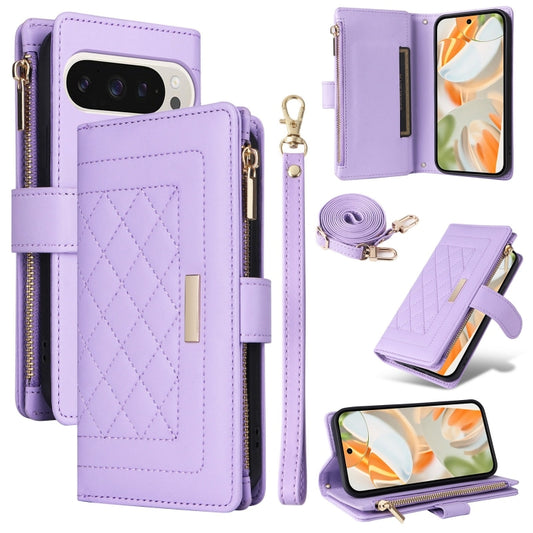 For Google Pixel 9 / 9 Pro Crossbody Zipper Wallet Rhombus Leather Phone Case(Purple) - Google Cases by PMC Jewellery | Online Shopping South Africa | PMC Jewellery | Buy Now Pay Later Mobicred