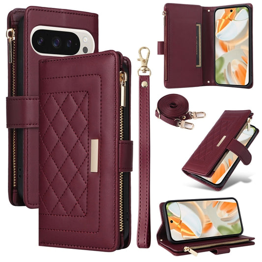 For Google Pixel 9 / 9 Pro Crossbody Zipper Wallet Rhombus Leather Phone Case(Wine Red) - Google Cases by PMC Jewellery | Online Shopping South Africa | PMC Jewellery | Buy Now Pay Later Mobicred