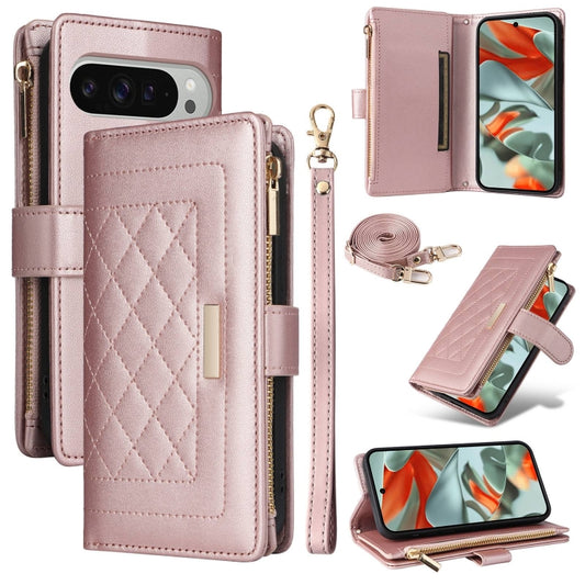 For Google Pixel 9 Pro XL Crossbody Zipper Wallet Rhombus Leather Phone Case(Rose Gold) - Google Cases by PMC Jewellery | Online Shopping South Africa | PMC Jewellery | Buy Now Pay Later Mobicred