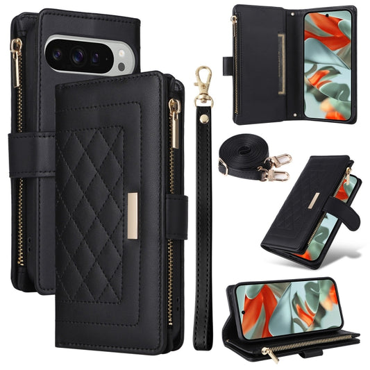 For Google Pixel 9 Pro XL Crossbody Zipper Wallet Rhombus Leather Phone Case(Black) - Google Cases by PMC Jewellery | Online Shopping South Africa | PMC Jewellery | Buy Now Pay Later Mobicred