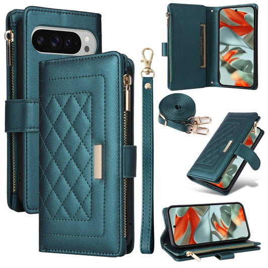 For Google Pixel 9 Pro XL Crossbody Zipper Wallet Rhombus Leather Phone Case(Green) - Google Cases by PMC Jewellery | Online Shopping South Africa | PMC Jewellery | Buy Now Pay Later Mobicred