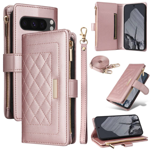 For Google Pixel 8 Pro Crossbody Zipper Wallet Rhombus Leather Phone Case(Rose Gold) - Google Cases by PMC Jewellery | Online Shopping South Africa | PMC Jewellery | Buy Now Pay Later Mobicred