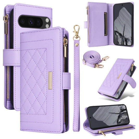 For Google Pixel 8 Pro Crossbody Zipper Wallet Rhombus Leather Phone Case(Purple) - Google Cases by PMC Jewellery | Online Shopping South Africa | PMC Jewellery | Buy Now Pay Later Mobicred