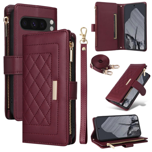 For Google Pixel 8 Pro Crossbody Zipper Wallet Rhombus Leather Phone Case(Wine Red) - Google Cases by PMC Jewellery | Online Shopping South Africa | PMC Jewellery | Buy Now Pay Later Mobicred