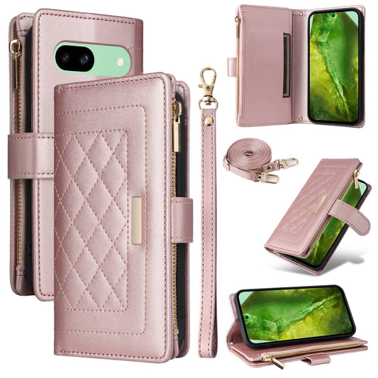 For Google Pixel 8a Crossbody Zipper Wallet Rhombus Leather Phone Case(Rose Gold) - Google Cases by PMC Jewellery | Online Shopping South Africa | PMC Jewellery | Buy Now Pay Later Mobicred