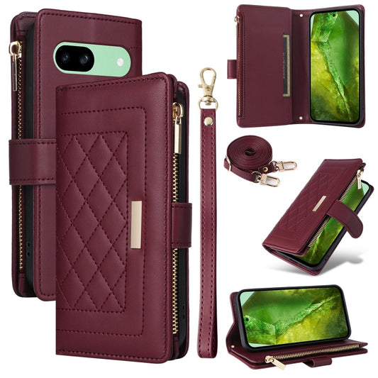 For Google Pixel 8a Crossbody Zipper Wallet Rhombus Leather Phone Case(Wine Red) - Google Cases by PMC Jewellery | Online Shopping South Africa | PMC Jewellery | Buy Now Pay Later Mobicred