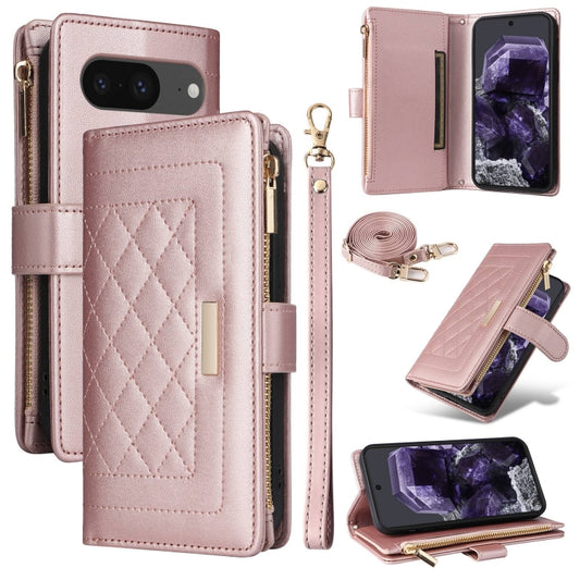 For Google Pixel 8 Crossbody Zipper Wallet Rhombus Leather Phone Case(Rose Gold) - Google Cases by PMC Jewellery | Online Shopping South Africa | PMC Jewellery | Buy Now Pay Later Mobicred