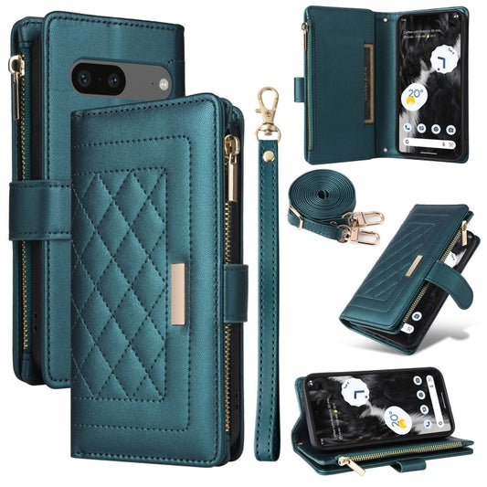 For Google Pixel 7 Crossbody Zipper Wallet Rhombus Leather Phone Case(Green) - Google Cases by PMC Jewellery | Online Shopping South Africa | PMC Jewellery | Buy Now Pay Later Mobicred