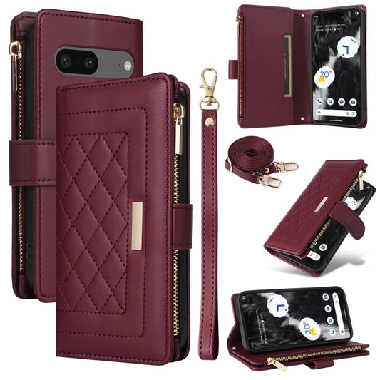 For Google Pixel 7 Crossbody Zipper Wallet Rhombus Leather Phone Case(Wine Red) - Google Cases by PMC Jewellery | Online Shopping South Africa | PMC Jewellery | Buy Now Pay Later Mobicred