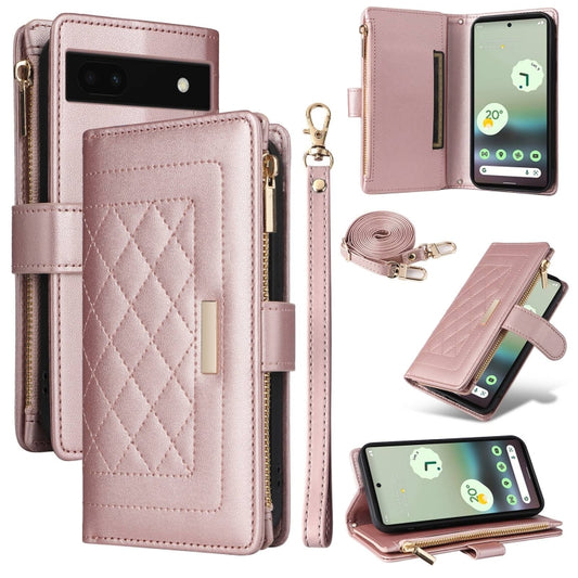 For Google Pixel 7a Crossbody Zipper Wallet Rhombus Leather Phone Case(Rose Gold) - Google Cases by PMC Jewellery | Online Shopping South Africa | PMC Jewellery | Buy Now Pay Later Mobicred