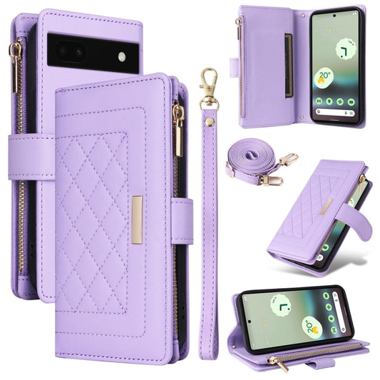 For Google Pixel 7a Crossbody Zipper Wallet Rhombus Leather Phone Case(Purple) - Google Cases by PMC Jewellery | Online Shopping South Africa | PMC Jewellery | Buy Now Pay Later Mobicred