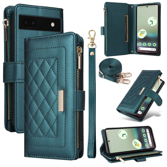 For Google Pixel 7a Crossbody Zipper Wallet Rhombus Leather Phone Case(Green) - Google Cases by PMC Jewellery | Online Shopping South Africa | PMC Jewellery | Buy Now Pay Later Mobicred