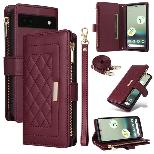 For Google Pixel 7a Crossbody Zipper Wallet Rhombus Leather Phone Case(Wine Red) - Google Cases by PMC Jewellery | Online Shopping South Africa | PMC Jewellery | Buy Now Pay Later Mobicred