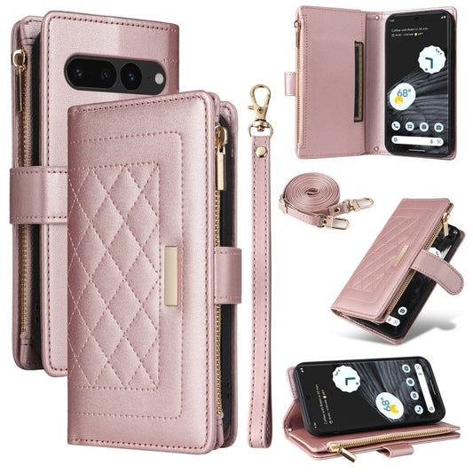 For Google Pixel 7 Pro Crossbody Zipper Wallet Rhombus Leather Phone Case(Rose Gold) - Google Cases by PMC Jewellery | Online Shopping South Africa | PMC Jewellery | Buy Now Pay Later Mobicred