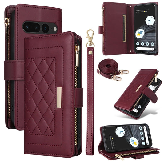 For Google Pixel 7 Pro Crossbody Zipper Wallet Rhombus Leather Phone Case(Wine Red) - Google Cases by PMC Jewellery | Online Shopping South Africa | PMC Jewellery | Buy Now Pay Later Mobicred