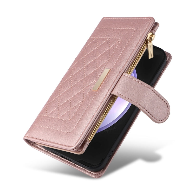 For Samsung Galaxy S24 FE 5G Crossbody Zipper Wallet Rhombus Leather Phone Case(Rose Gold) - Galaxy S24 FE 5G Cases by PMC Jewellery | Online Shopping South Africa | PMC Jewellery | Buy Now Pay Later Mobicred