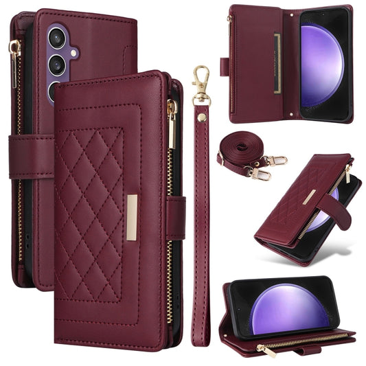 For Samsung Galaxy S24 FE 5G Crossbody Zipper Wallet Rhombus Leather Phone Case(Wine Red) - Galaxy S24 FE 5G Cases by PMC Jewellery | Online Shopping South Africa | PMC Jewellery | Buy Now Pay Later Mobicred