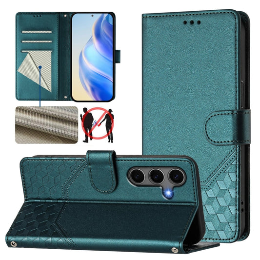 For Samsung Galaxy S25+ 5G Honeycomb Embossing RFID Leather Phone Case(Peacock Green) - Galaxy S25+ 5G Cases by PMC Jewellery | Online Shopping South Africa | PMC Jewellery | Buy Now Pay Later Mobicred